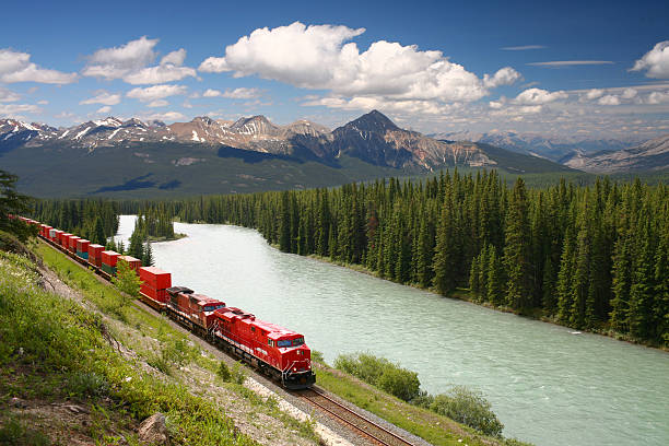 A train winding through the Canadian Rocky Mountains